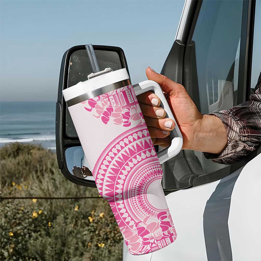 Pink Niue Language Week Tumbler With Handle The Rock Coconut Crab - Siapo Pattern LT14 - Polynesian Pride