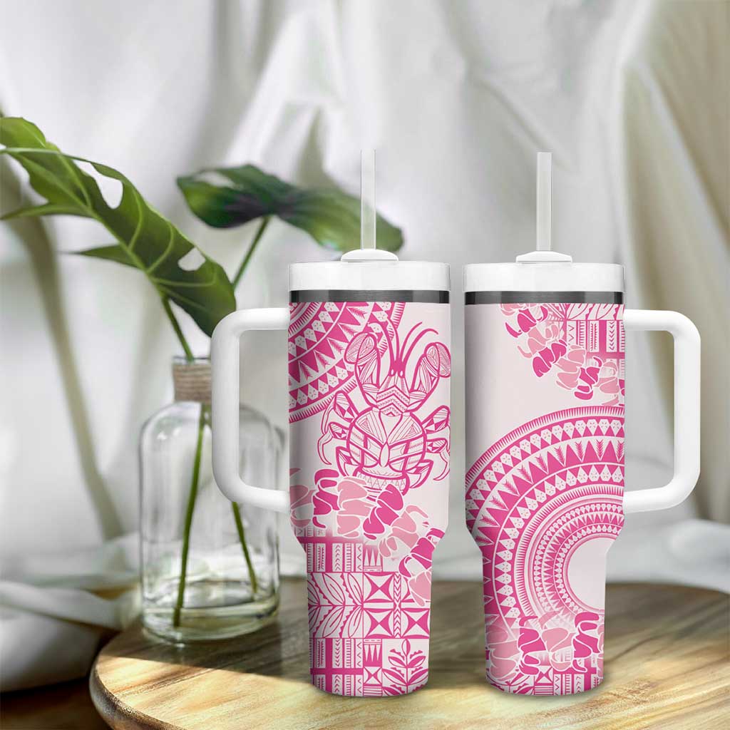 Pink Niue Language Week Tumbler With Handle The Rock Coconut Crab - Siapo Pattern LT14 - Polynesian Pride