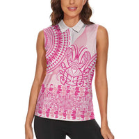 Pink Niue Language Week Women Sleeveless Polo Shirt The Rock Coconut Crab - Siapo Pattern
