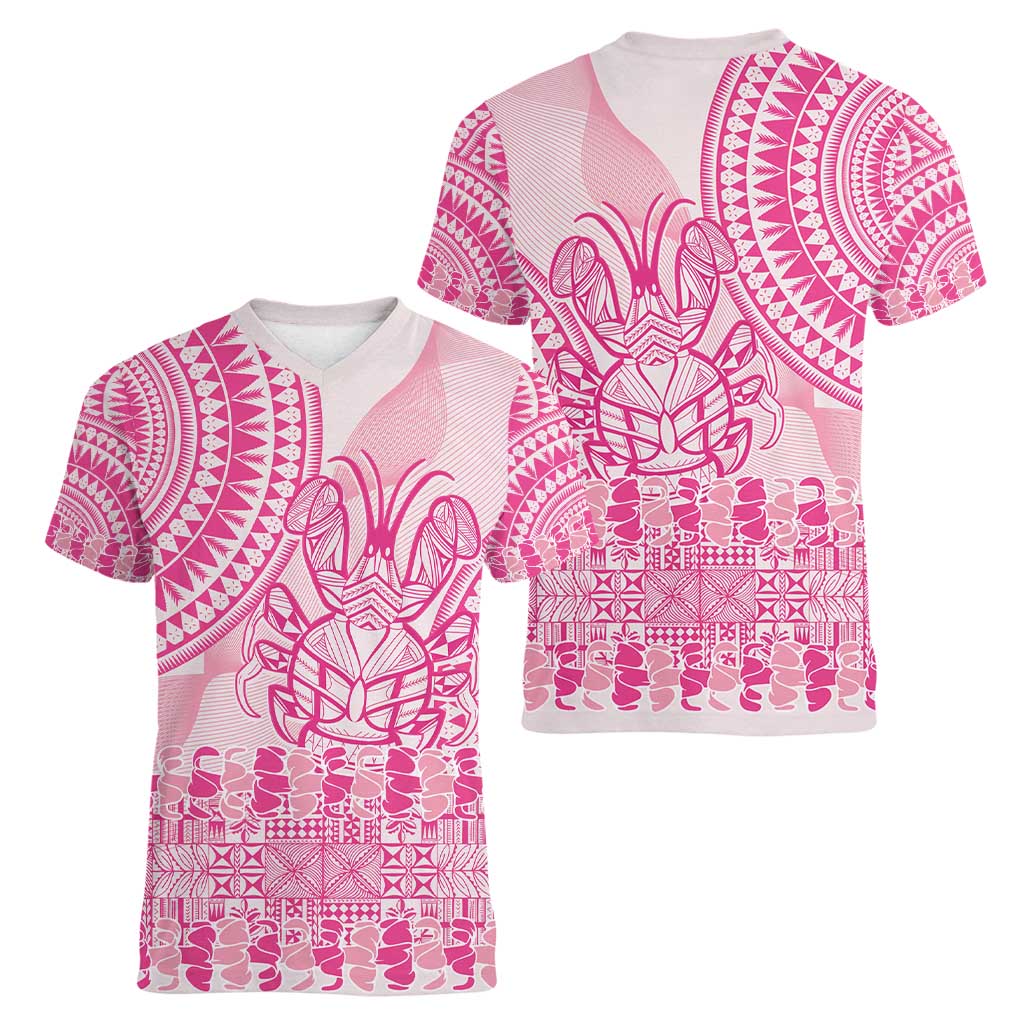 Pink Niue Language Week Women V-Neck T-Shirt The Rock Coconut Crab - Siapo Pattern