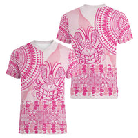 Pink Niue Language Week Women V-Neck T-Shirt The Rock Coconut Crab - Siapo Pattern
