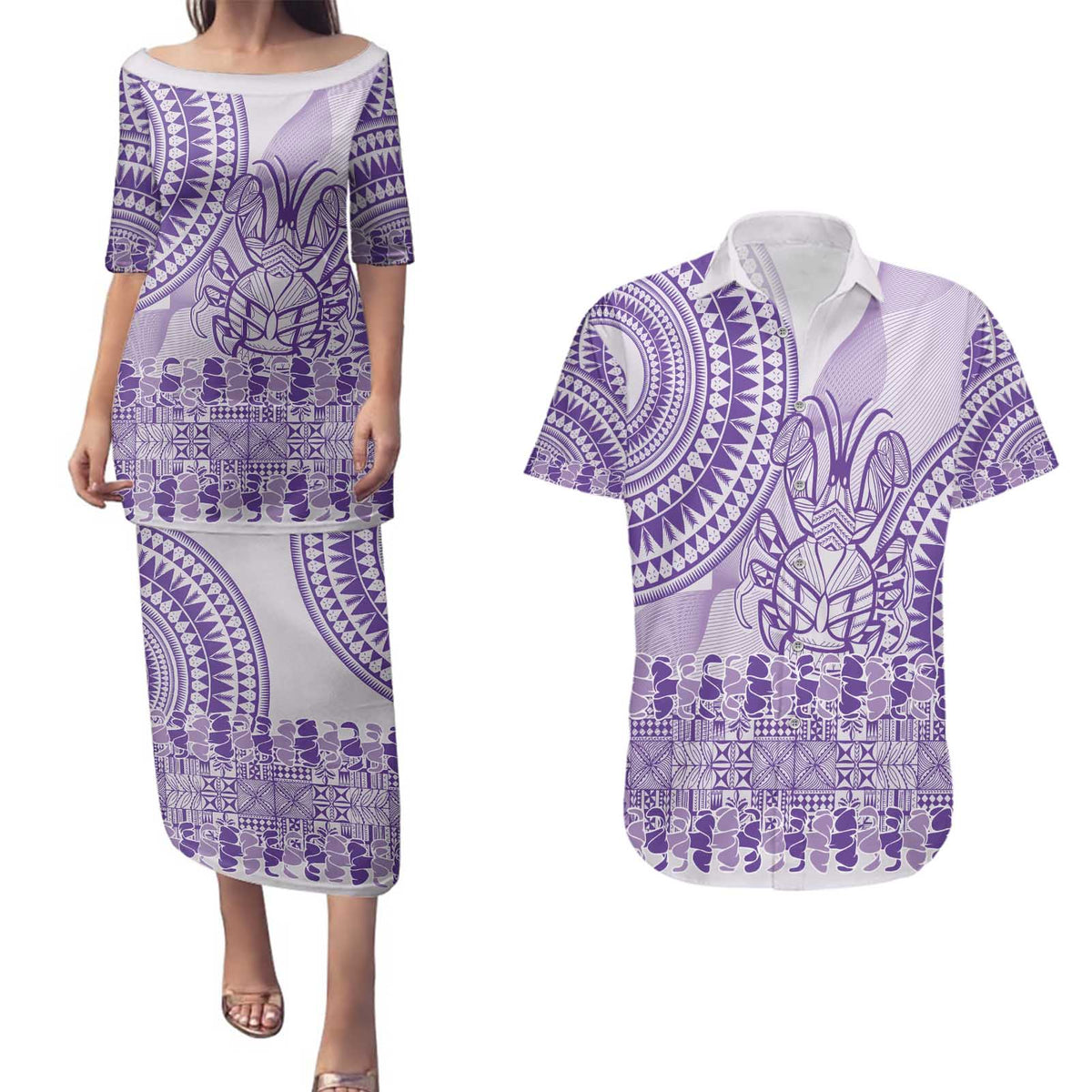 Purple Niue Language Week Couples Matching Puletasi and Hawaiian Shirt The Rock Coconut Crab - Siapo Pattern LT14 Purple - Polynesian Pride