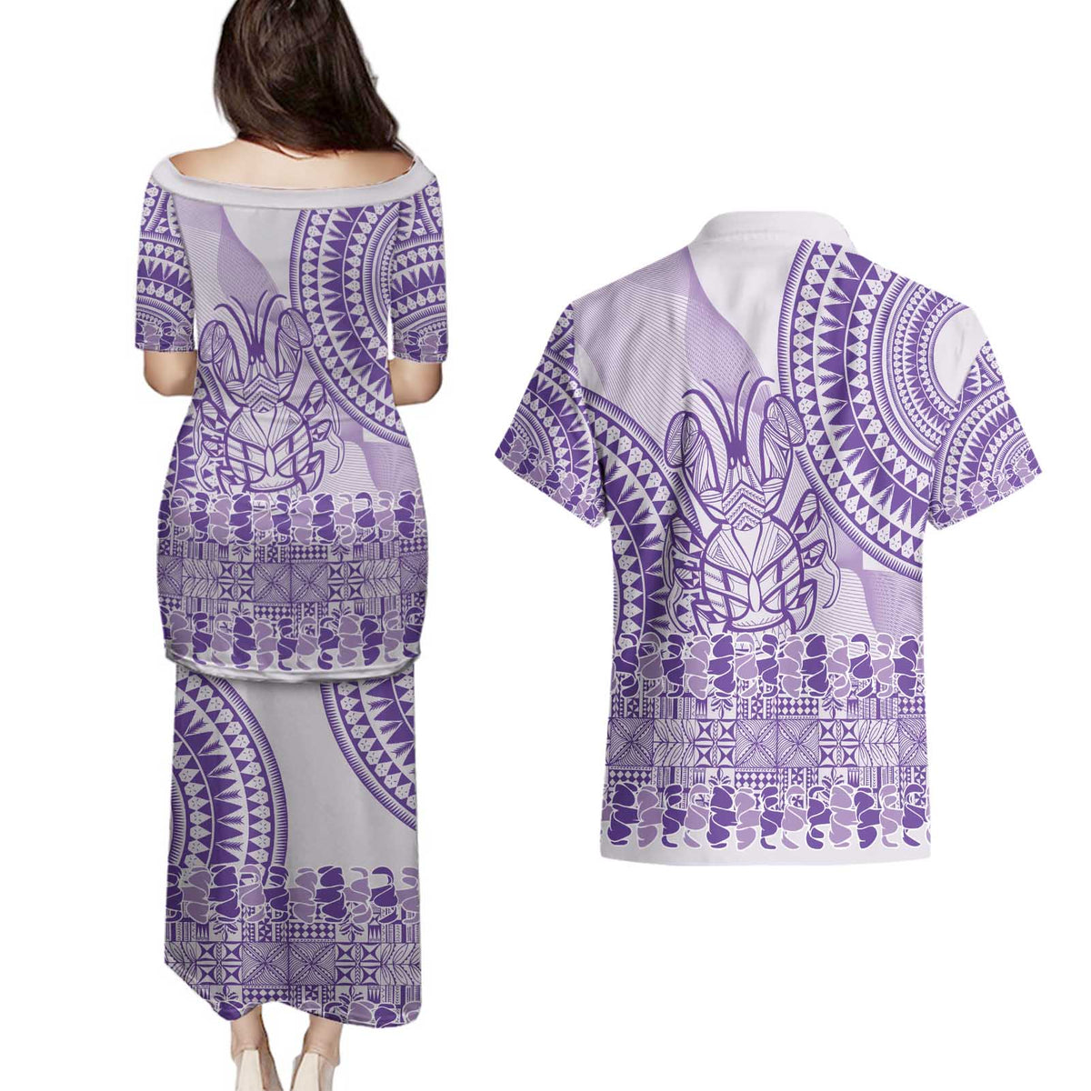 Purple Niue Language Week Couples Matching Puletasi and Hawaiian Shirt The Rock Coconut Crab - Siapo Pattern LT14 - Polynesian Pride