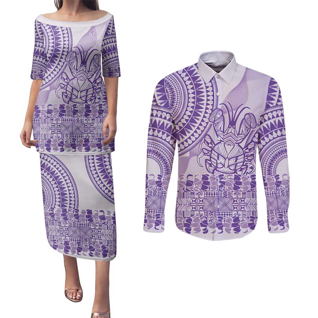 Purple Niue Language Week Couples Matching Puletasi and Long Sleeve Button Shirt The Rock Coconut Crab - Siapo Pattern LT14 Purple - Polynesian Pride