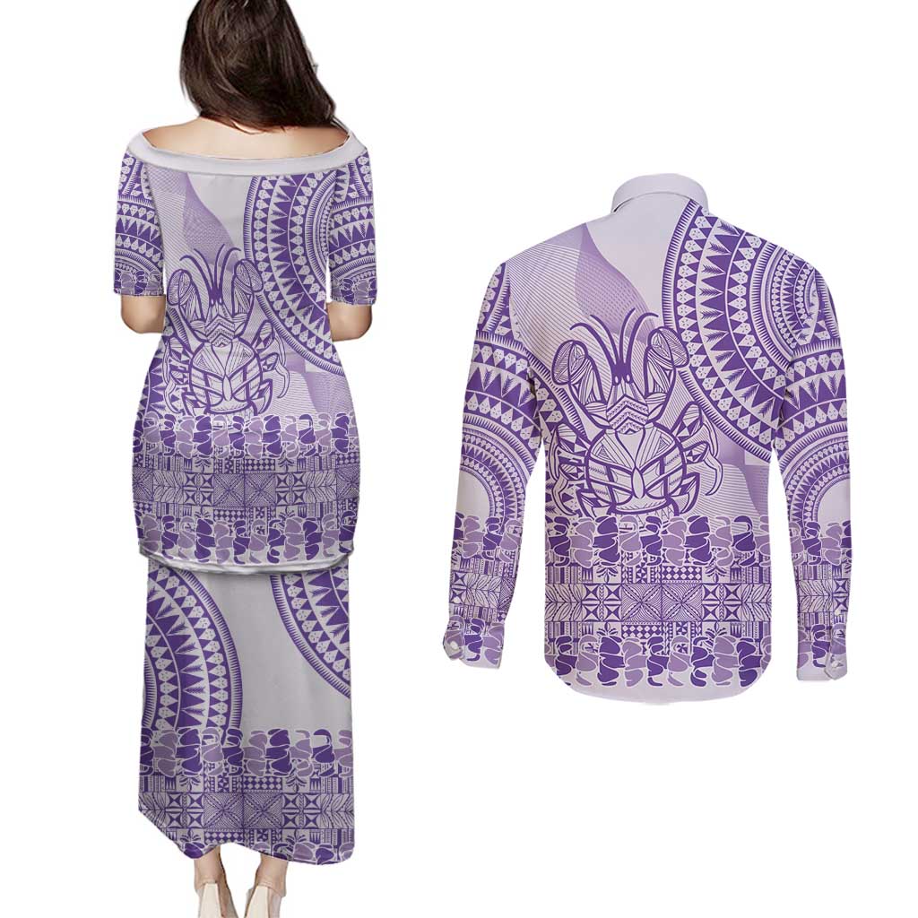 Purple Niue Language Week Couples Matching Puletasi and Long Sleeve Button Shirt The Rock Coconut Crab - Siapo Pattern LT14 - Polynesian Pride