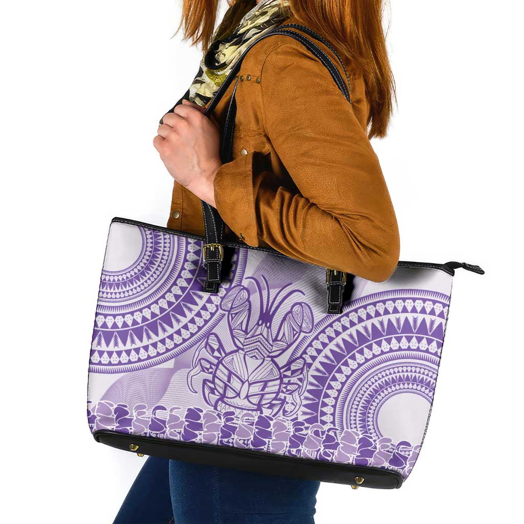 Purple Niue Language Week Leather Tote Bag The Rock Coconut Crab - Siapo Pattern LT14 Purple - Polynesian Pride