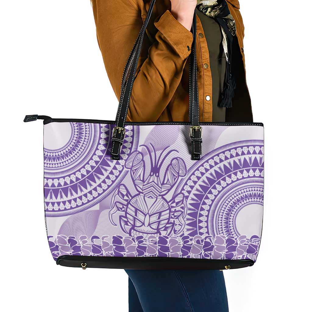 Purple Niue Language Week Leather Tote Bag The Rock Coconut Crab - Siapo Pattern LT14 - Polynesian Pride