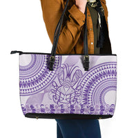 Purple Niue Language Week Leather Tote Bag The Rock Coconut Crab - Siapo Pattern LT14 - Polynesian Pride