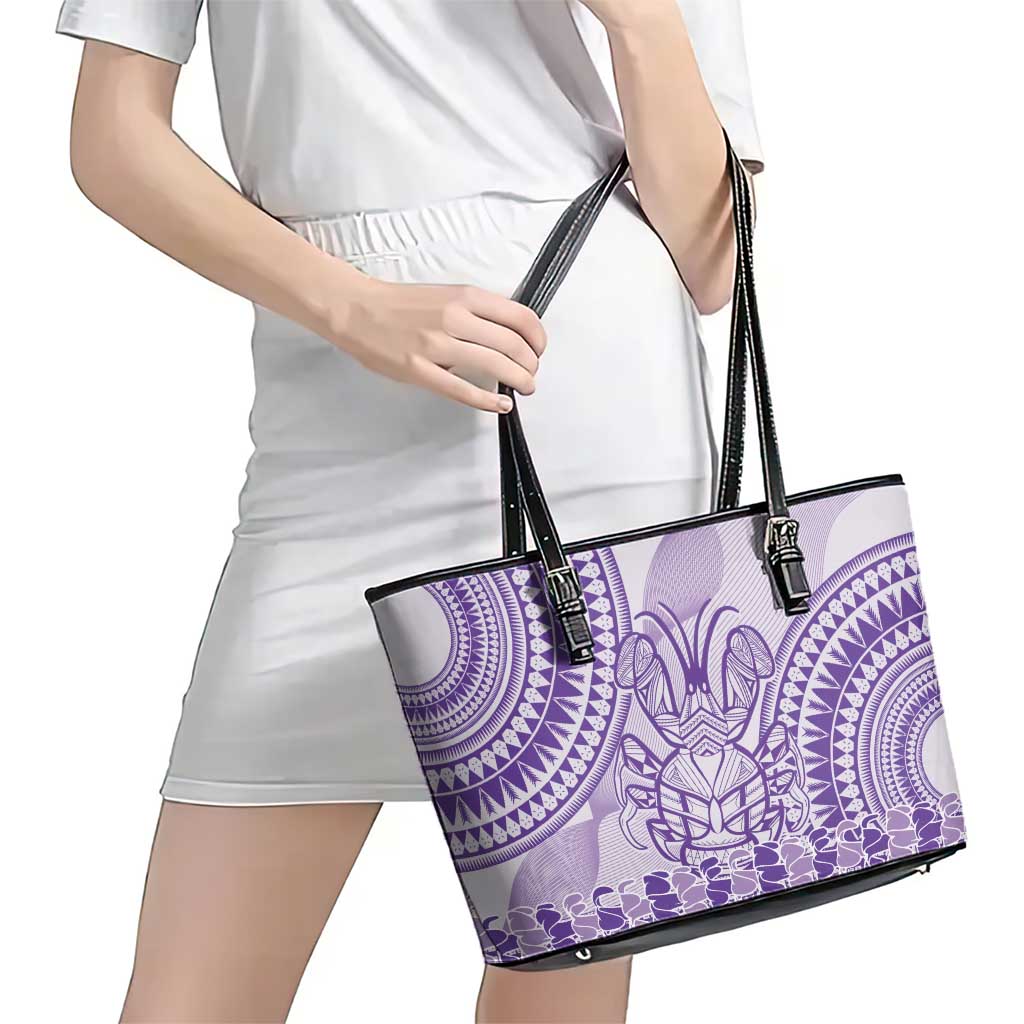 Purple Niue Language Week Leather Tote Bag The Rock Coconut Crab - Siapo Pattern LT14 - Polynesian Pride