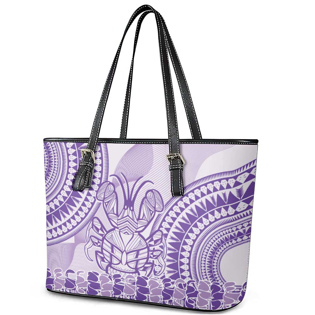 Purple Niue Language Week Leather Tote Bag The Rock Coconut Crab - Siapo Pattern LT14 - Polynesian Pride