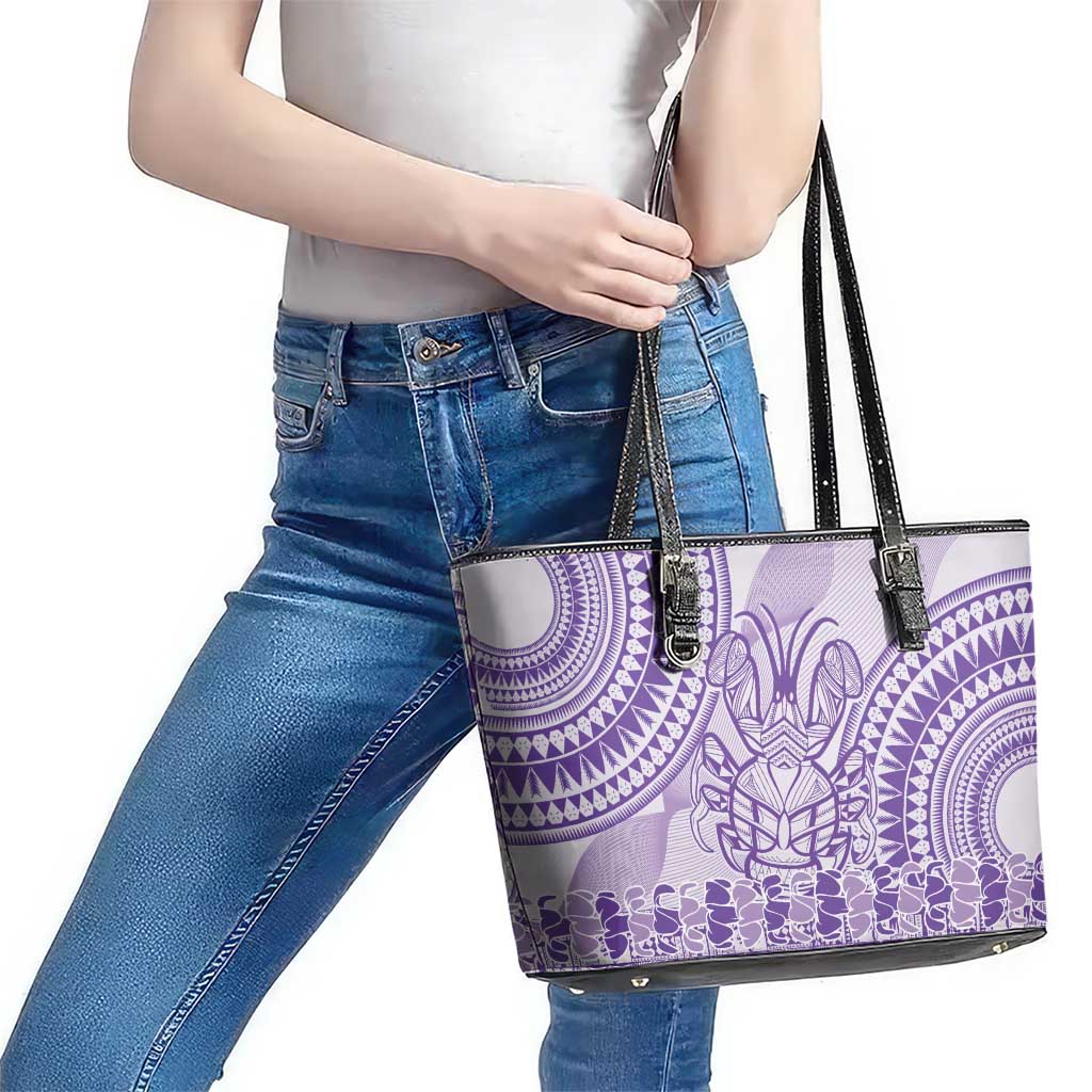 Purple Niue Language Week Leather Tote Bag The Rock Coconut Crab - Siapo Pattern LT14 - Polynesian Pride