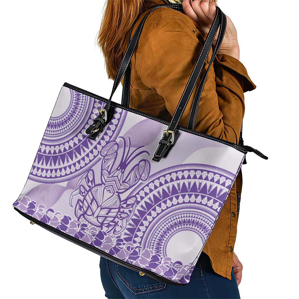 Purple Niue Language Week Leather Tote Bag The Rock Coconut Crab - Siapo Pattern LT14 - Polynesian Pride