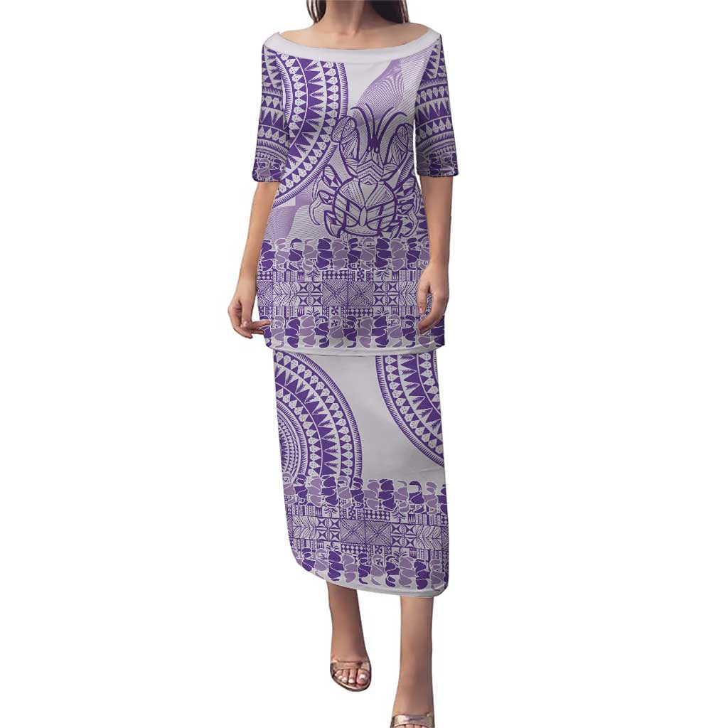 Purple Niue Language Week Puletasi The Rock Coconut Crab - Siapo Pattern LT14 Long Dress Purple - Polynesian Pride