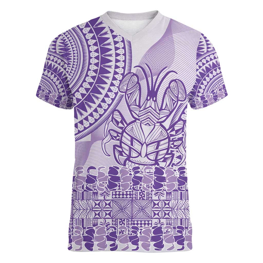 Purple Niue Language Week Women V-Neck T-Shirt The Rock Coconut Crab - Siapo Pattern