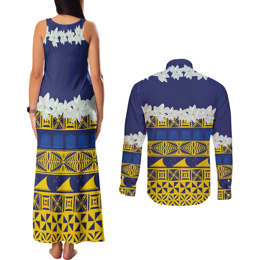Tokelau Language Week Couples Matching Tank Maxi Dress and Long Sleeve Button Shirt Tokelauan Tuluma With Gardenia Thunbergia