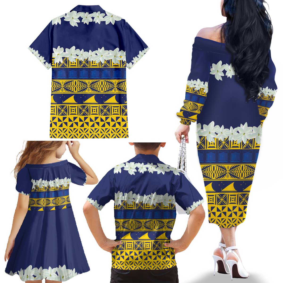 Tokelau Language Week Family Matching Off The Shoulder Long Sleeve Dress and Hawaiian Shirt Tokelauan Tuluma With Gardenia Thunbergia