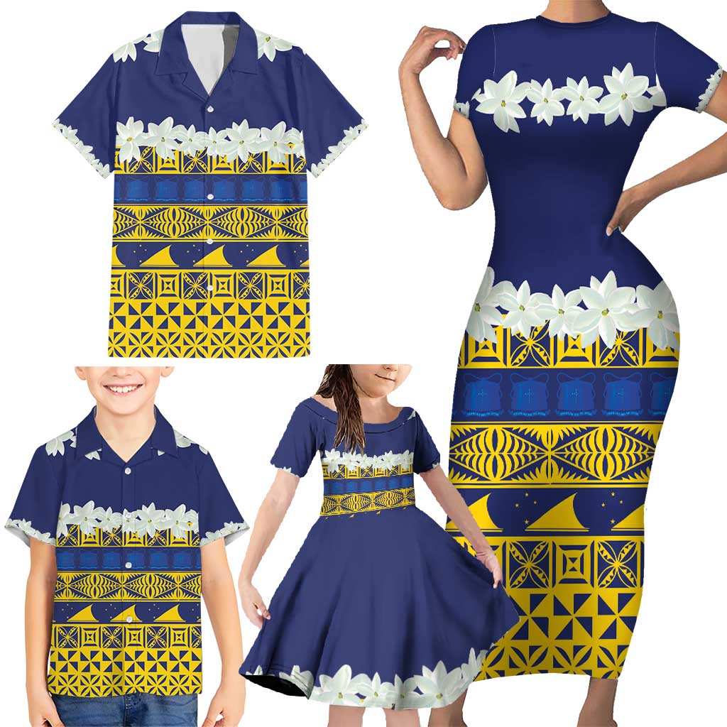 Tokelau Language Week Family Matching Short Sleeve Bodycon Dress and Hawaiian Shirt Tokelauan Tuluma With Gardenia Thunbergia