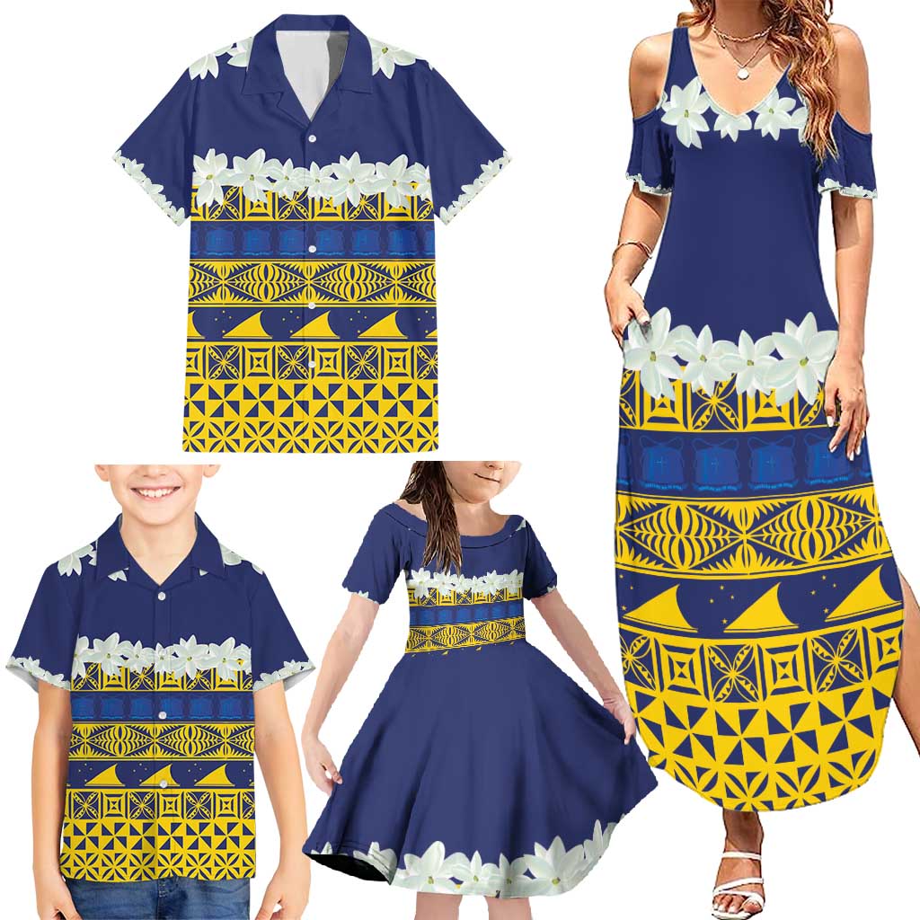 Tokelau Language Week Family Matching Summer Maxi Dress and Hawaiian Shirt Tokelauan Tuluma With Gardenia Thunbergia