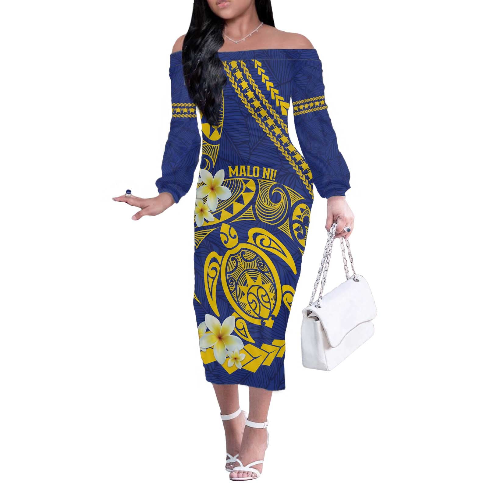 Te Vaiaho o te Gagana Tokelau Off The Shoulder Long Sleeve Dress Polynesian Turtle - Malo Ni!