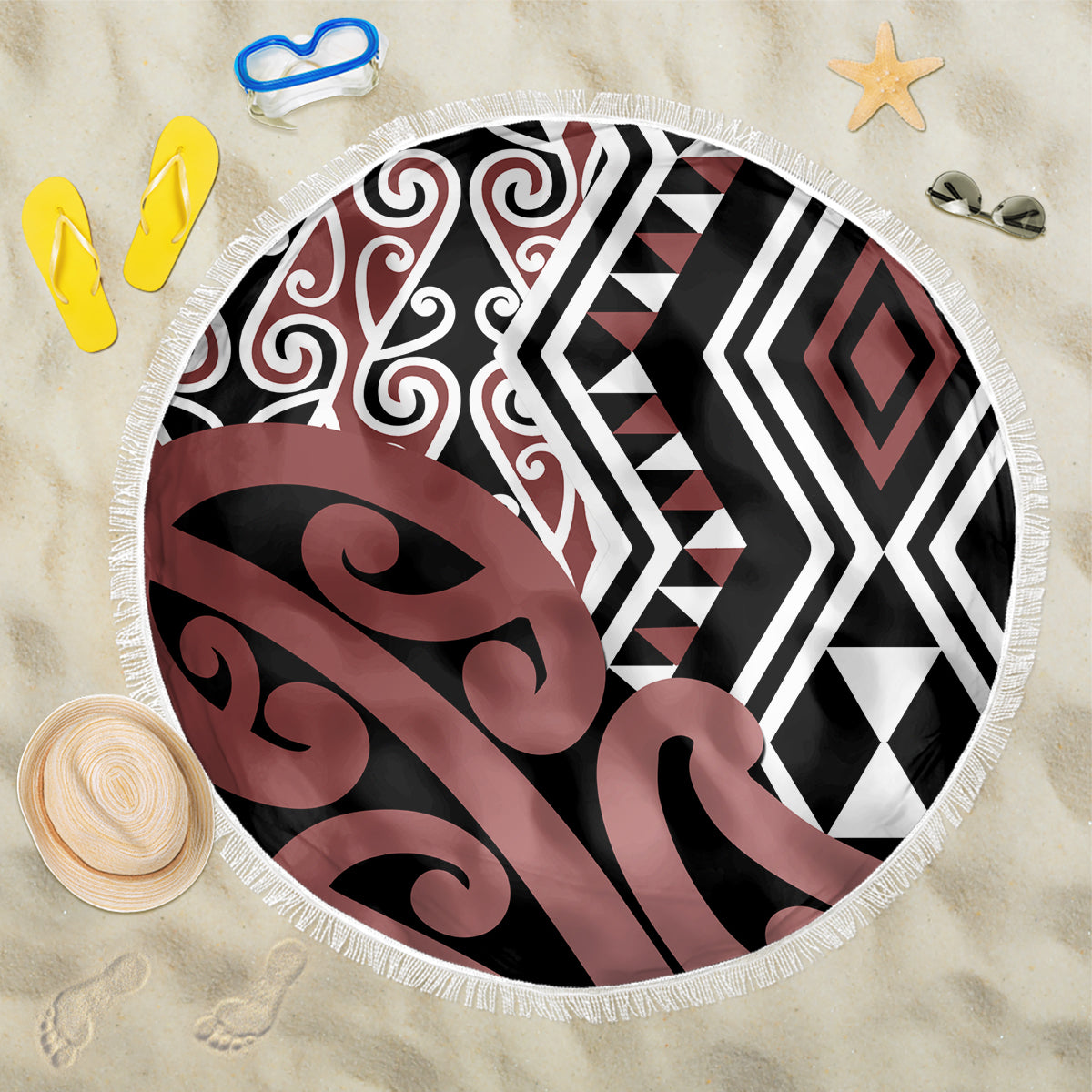 New Zealand Beach Blanket Aotearoa Kowhaiwhai Mix Taniko Art LT14 One Size 150cm Brown - Polynesian Pride