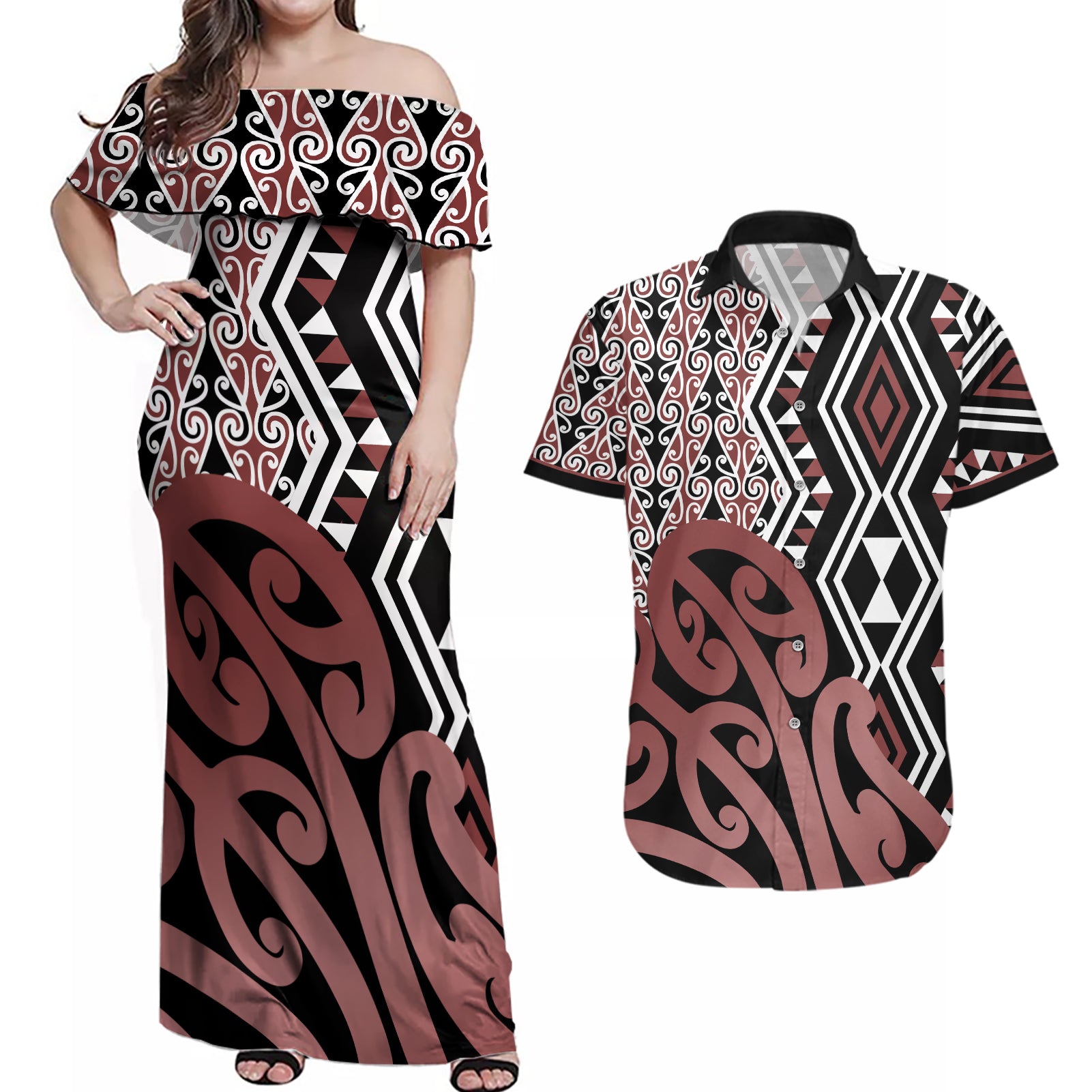 New Zealand Couples Matching Off Shoulder Maxi Dress and Hawaiian Shirt Aotearoa Kowhaiwhai Mix Taniko Art LT14 Brown - Polynesian Pride