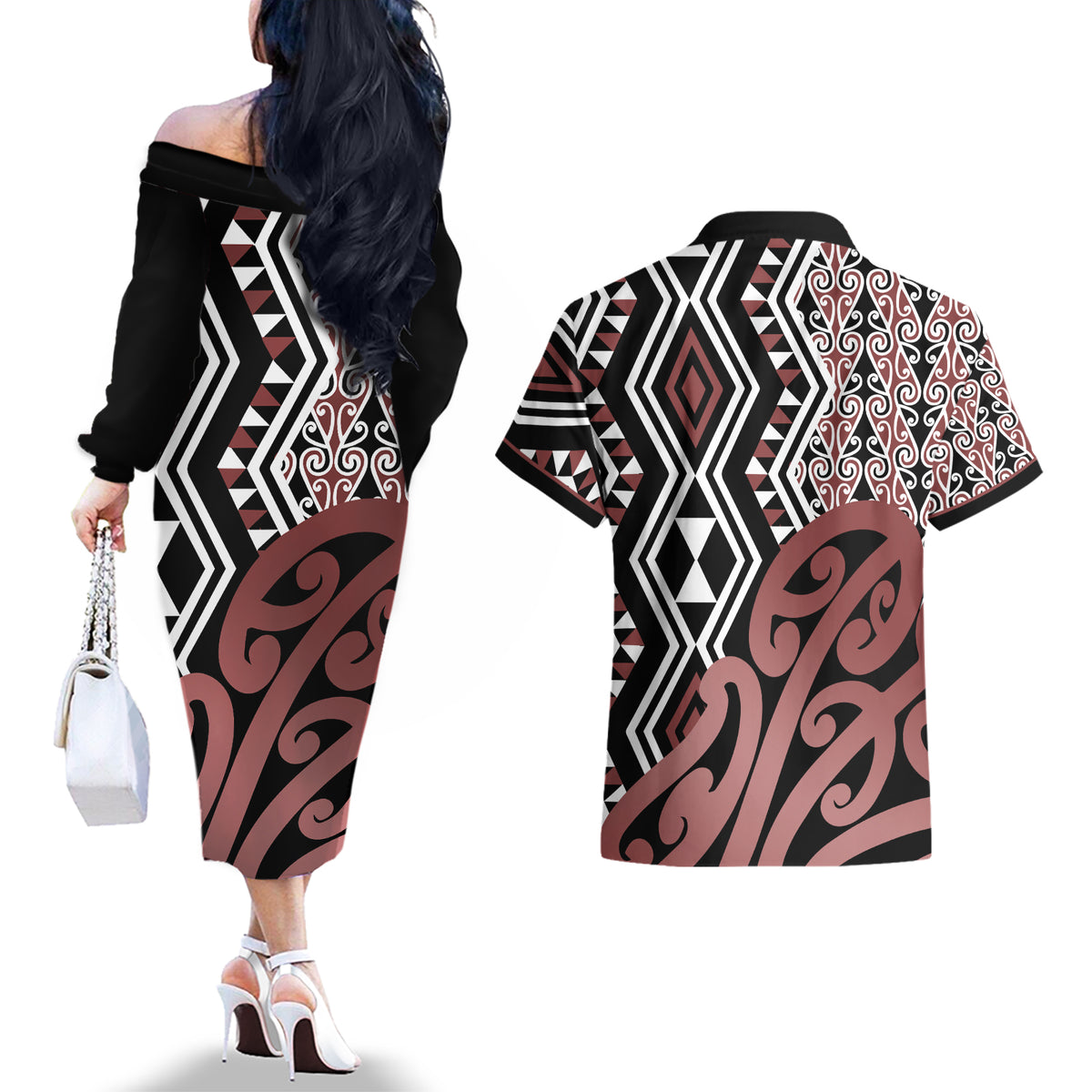 New Zealand Couples Matching Off The Shoulder Long Sleeve Dress and Hawaiian Shirt Aotearoa Kowhaiwhai Mix Taniko Art LT14 - Polynesian Pride