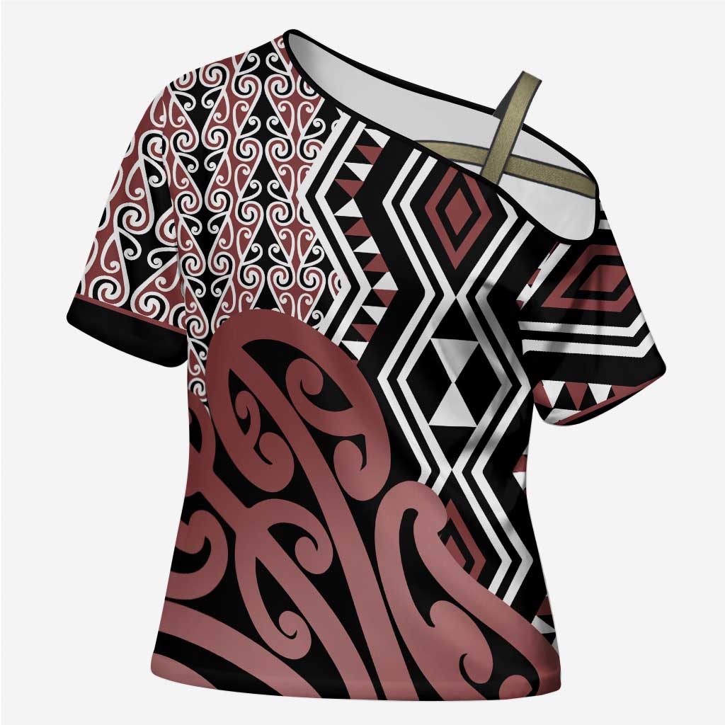 New Zealand Cross Shoulder Shirt Aotearoa Kowhaiwhai Mix Taniko Art - Polynesian Pride