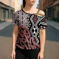 New Zealand Cross Shoulder Shirt Aotearoa Kowhaiwhai Mix Taniko Art - Polynesian Pride