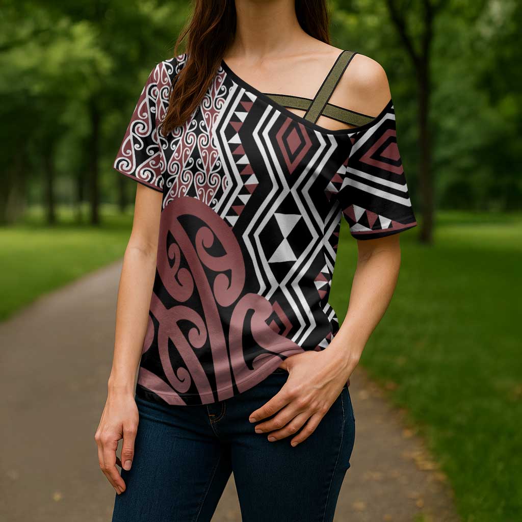 New Zealand Cross Shoulder Shirt Aotearoa Kowhaiwhai Mix Taniko Art - Polynesian Pride