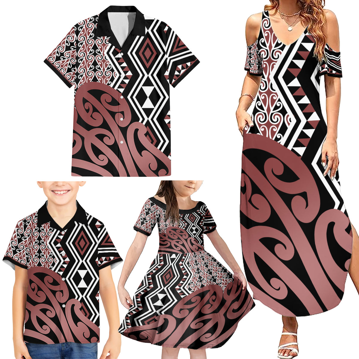 New Zealand Family Matching Summer Maxi Dress and Hawaiian Shirt Aotearoa Kowhaiwhai Mix Taniko Art LT14 - Polynesian Pride