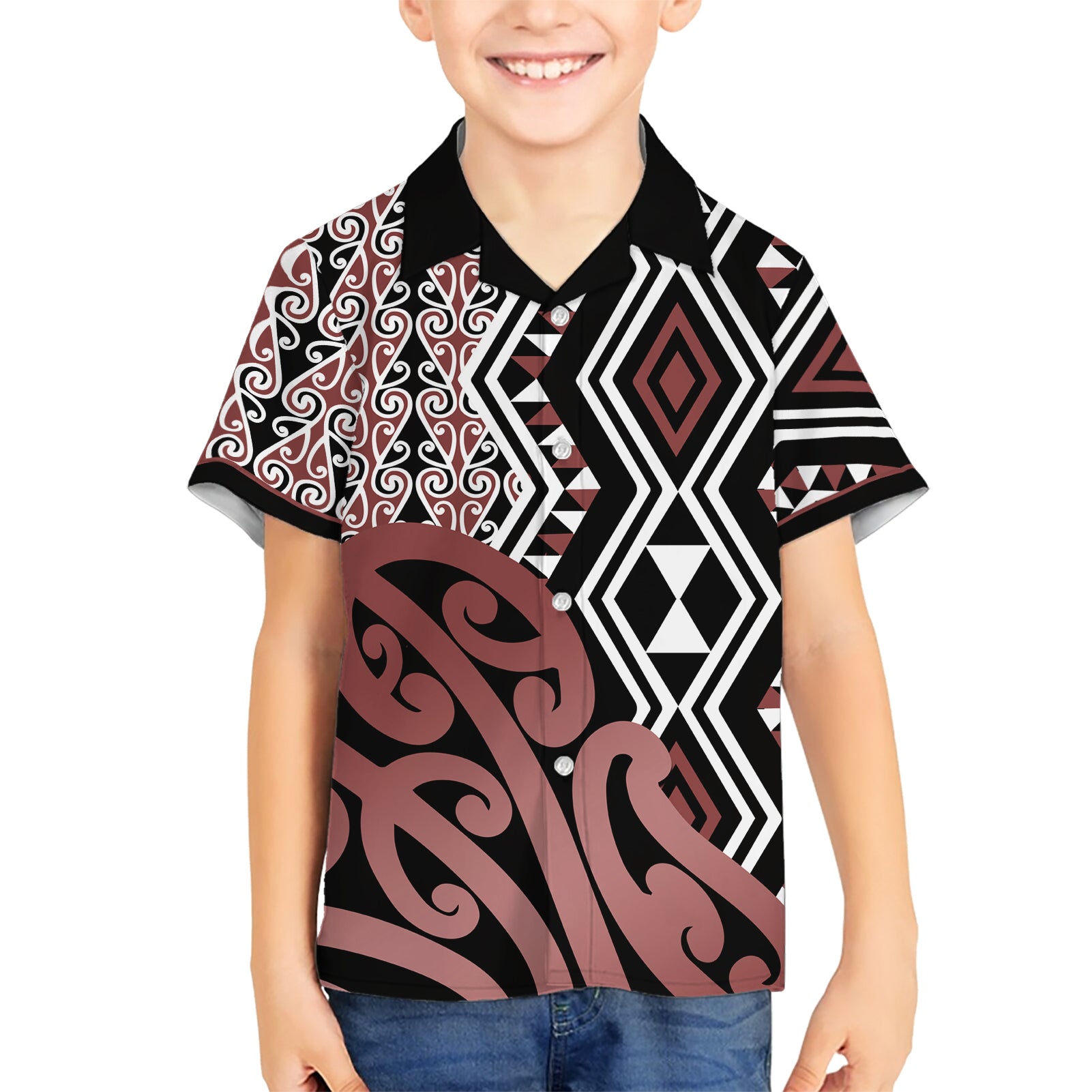 New Zealand Kid Hawaiian Shirt Aotearoa Kowhaiwhai Mix Taniko Art LT14 Kid Brown - Polynesian Pride