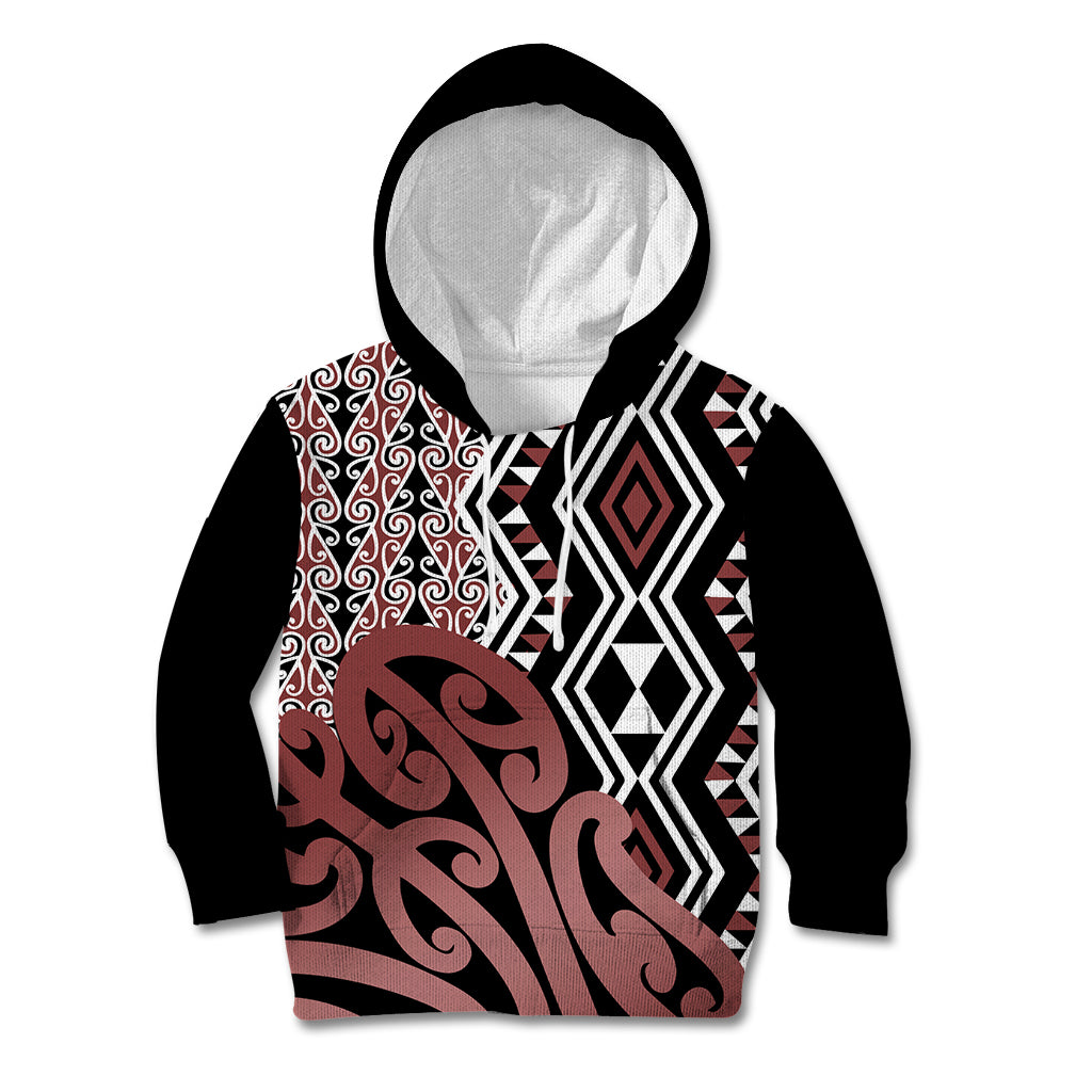 New Zealand Kid Hoodie Aotearoa Kowhaiwhai Mix Taniko Art LT14 Hoodie Brown - Polynesian Pride