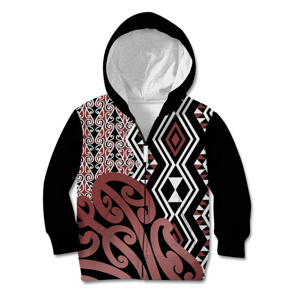 New Zealand Kid Hoodie Aotearoa Kowhaiwhai Mix Taniko Art LT14 Zip Hoodie Brown - Polynesian Pride