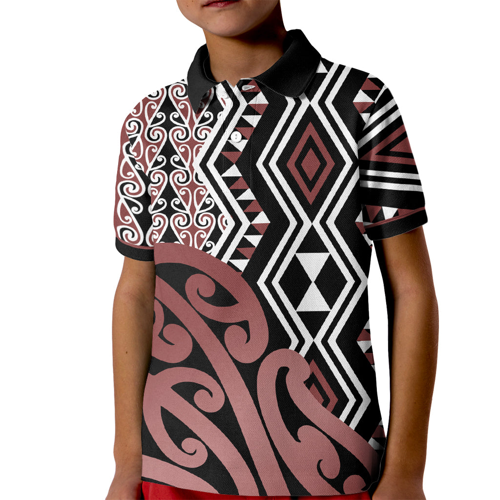 New Zealand Kid Polo Shirt Aotearoa Kowhaiwhai Mix Taniko Art LT14 Kid Brown - Polynesian Pride