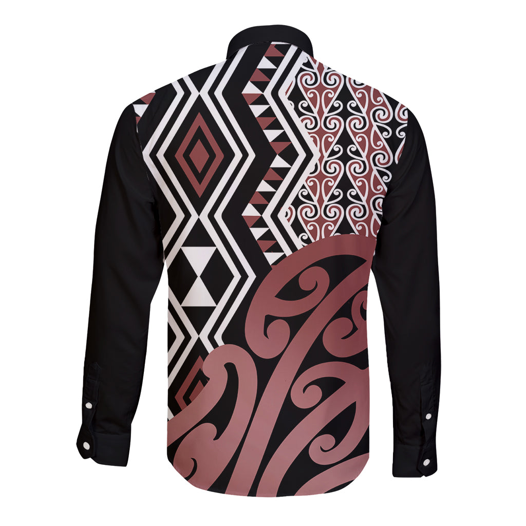 New Zealand Long Sleeve Button Shirt Aotearoa Kowhaiwhai Mix Taniko Art LT14 - Polynesian Pride