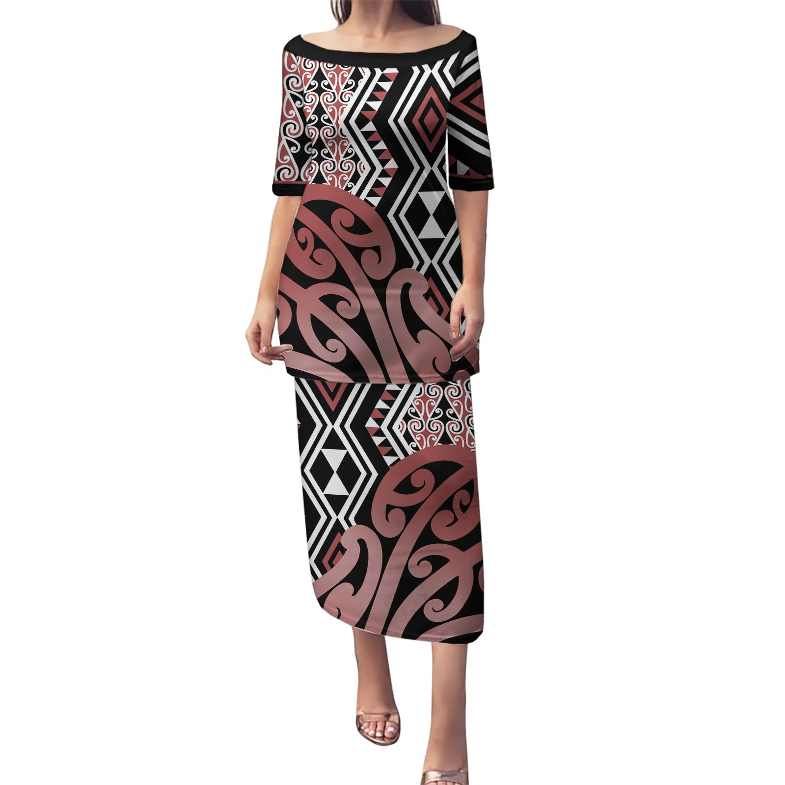 New Zealand Puletasi Aotearoa Kowhaiwhai Mix Taniko Art LT14 Long Dress Brown - Polynesian Pride