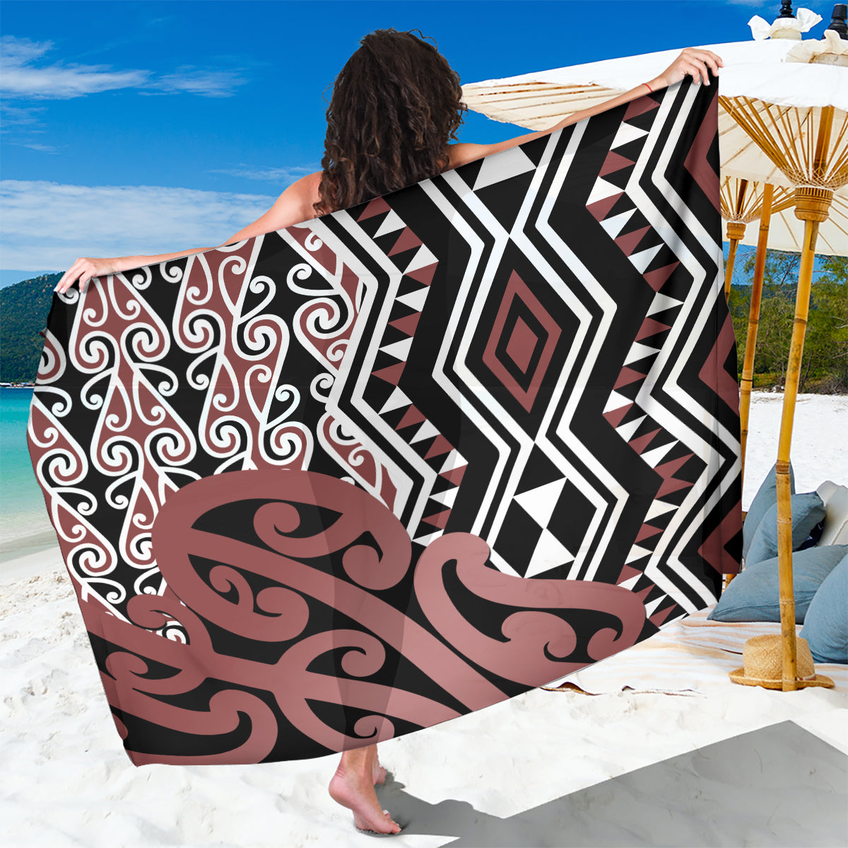 New Zealand Sarong Aotearoa Kowhaiwhai Mix Taniko Art LT14 One Size 44 x 66 inches Brown - Polynesian Pride