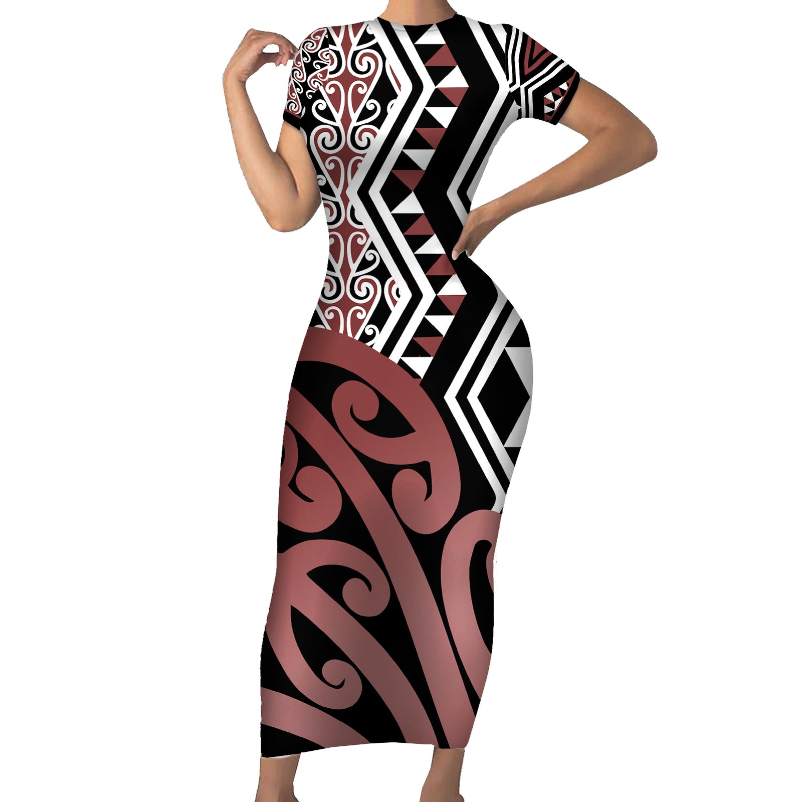 New Zealand Short Sleeve Bodycon Dress Aotearoa Kowhaiwhai Mix Taniko Art LT14 Long Dress Brown - Polynesian Pride