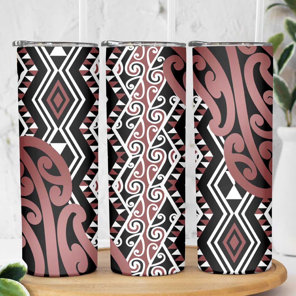 New Zealand Skinny Tumbler Aotearoa Kowhaiwhai Mix Taniko Art - Brown