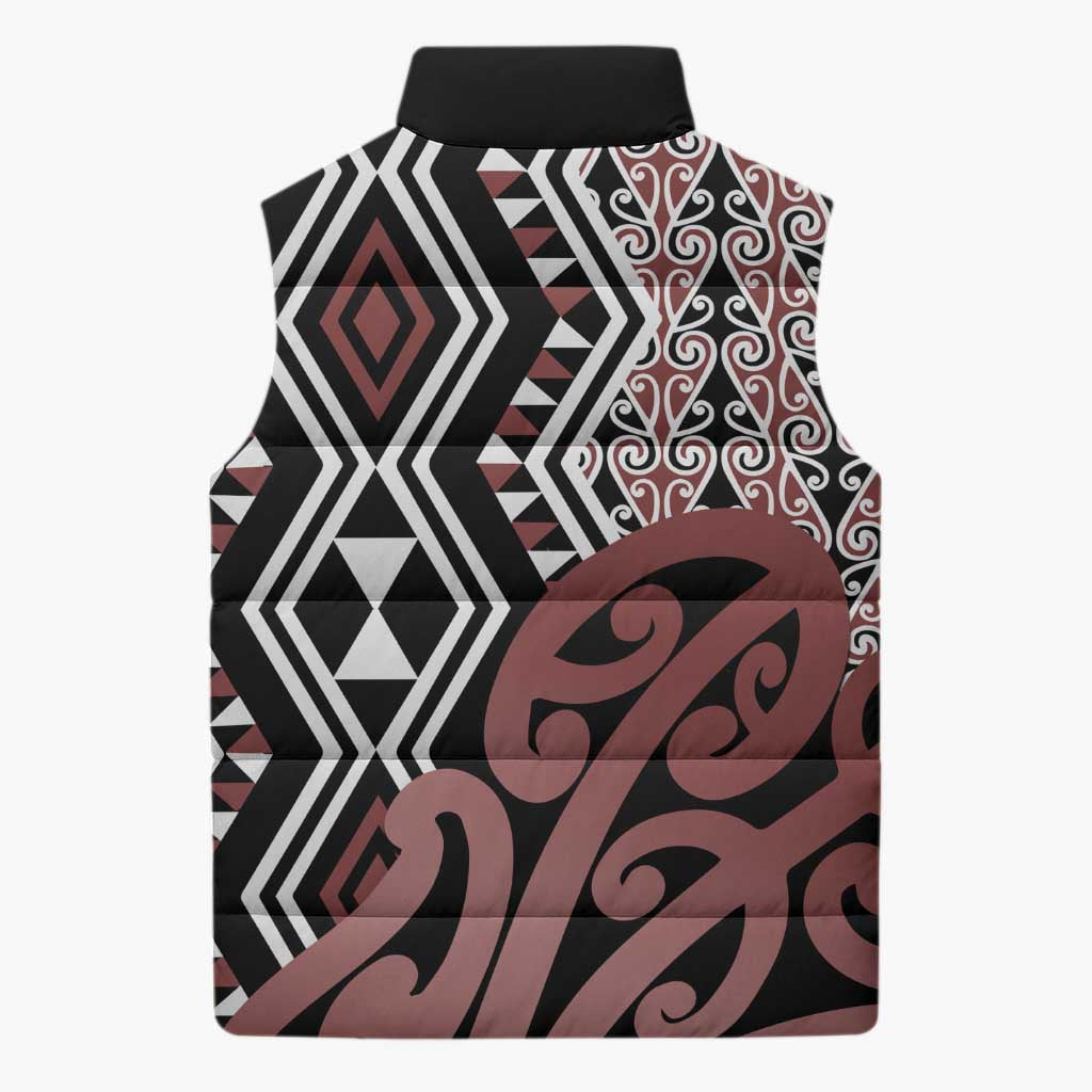 New Zealand Sleeveless Puffer Jacket Aotearoa Kowhaiwhai Mix Taniko Art - Polynesian Pride