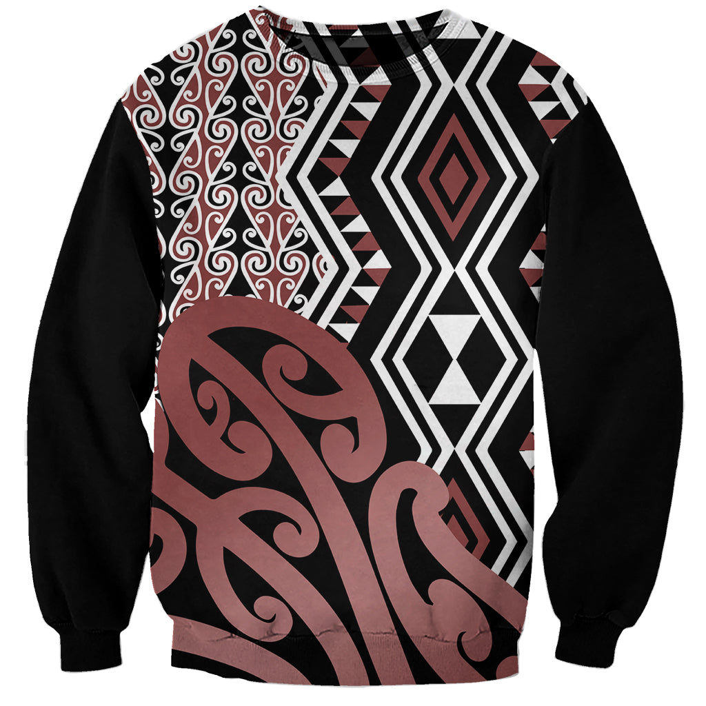 New Zealand Sweatshirt Aotearoa Kowhaiwhai Mix Taniko Art LT14 Unisex Brown - Polynesian Pride