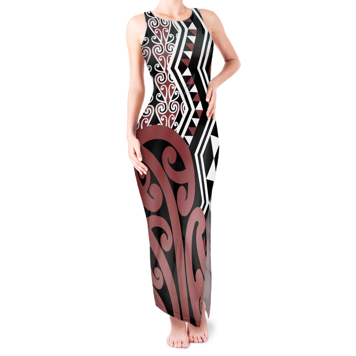 New Zealand Tank Maxi Dress Aotearoa Kowhaiwhai Mix Taniko Art LT14 Women Brown - Polynesian Pride