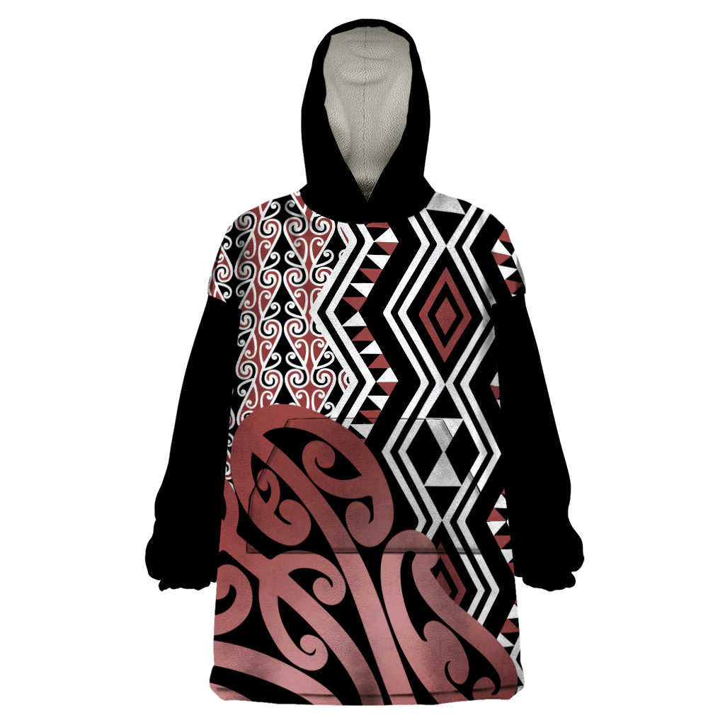 New Zealand Wearable Blanket Hoodie Aotearoa Kowhaiwhai Mix Taniko Art LT14 One Size Brown - Polynesian Pride