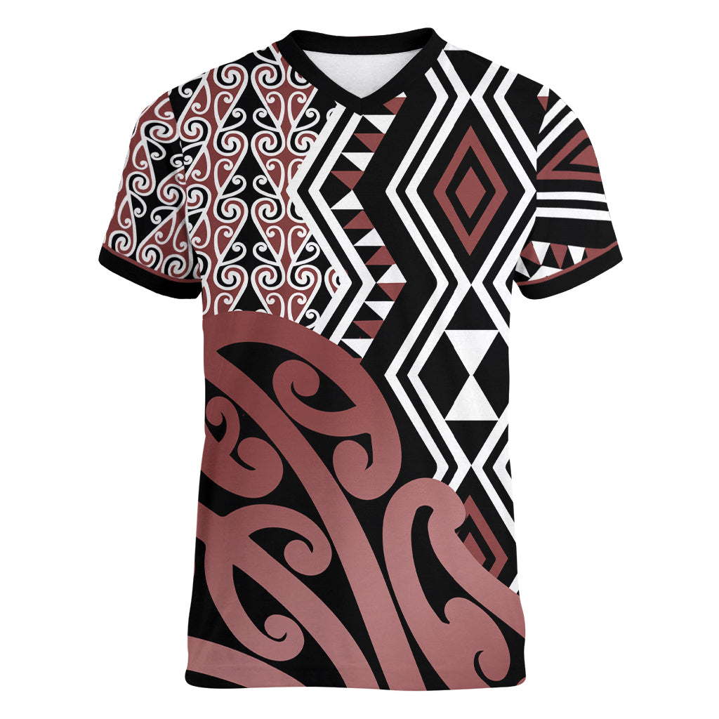New Zealand Women V Neck T Shirt Aotearoa Kowhaiwhai Mix Taniko Art LT14 Female Brown - Polynesian Pride