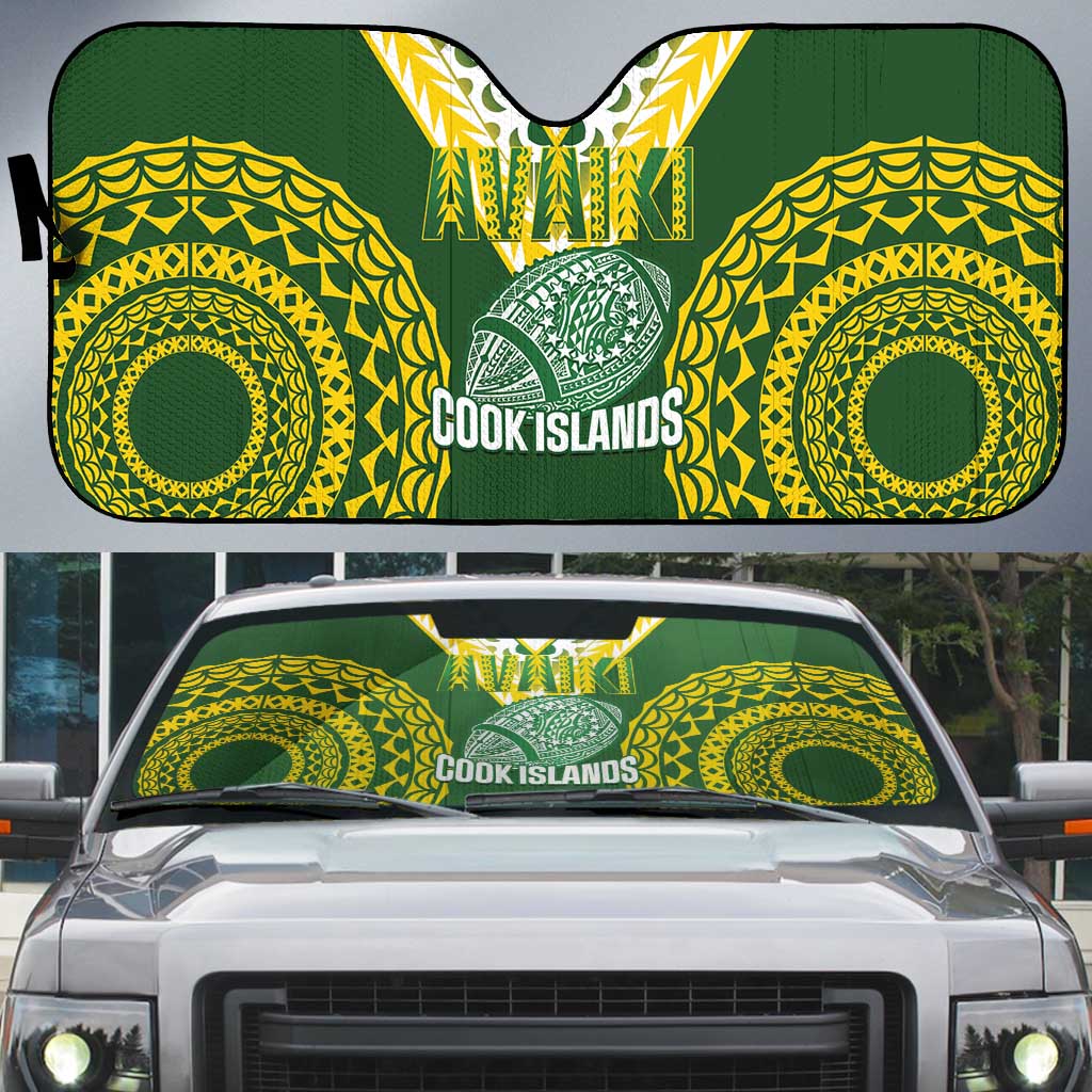 Avaiki Cook Islands Rugby Auto Sun Shade Kuki Airani Tatau Green - Polynesian Pride