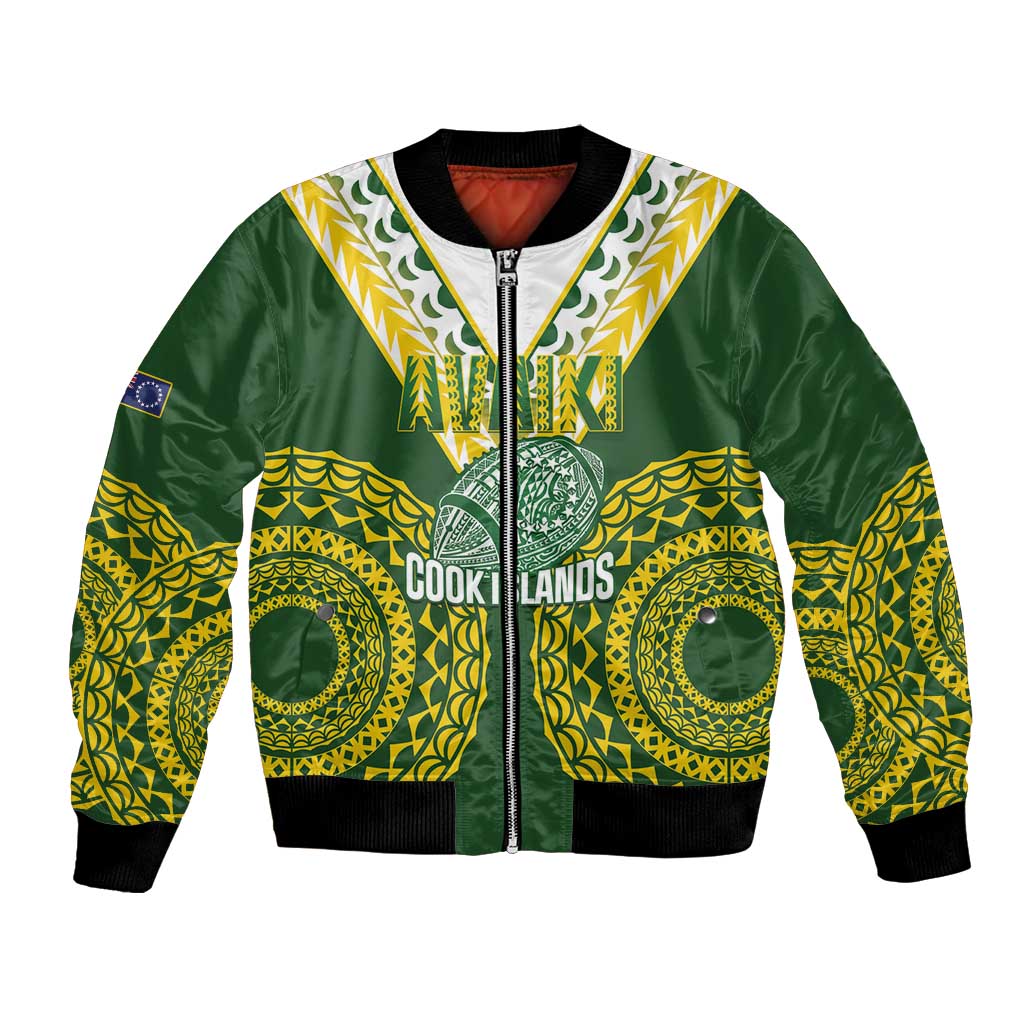 Custom Avaiki Cook Islands Rugby Bomber Jacket Kuki Airani Tatau Green - Polynesian Pride