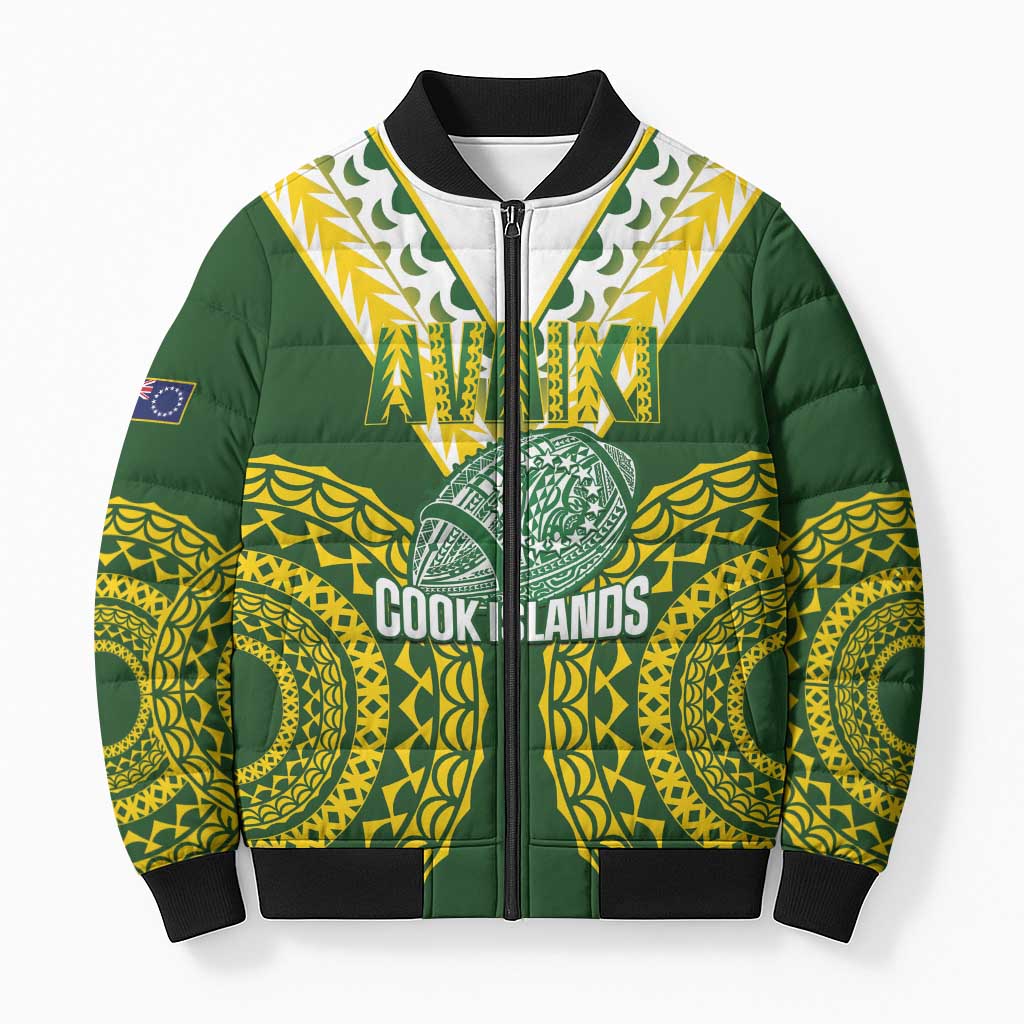 Custom Avaiki Cook Islands Rugby Bomber Puffer Jacket Kuki Airani Tatau Green - Polynesian Pride