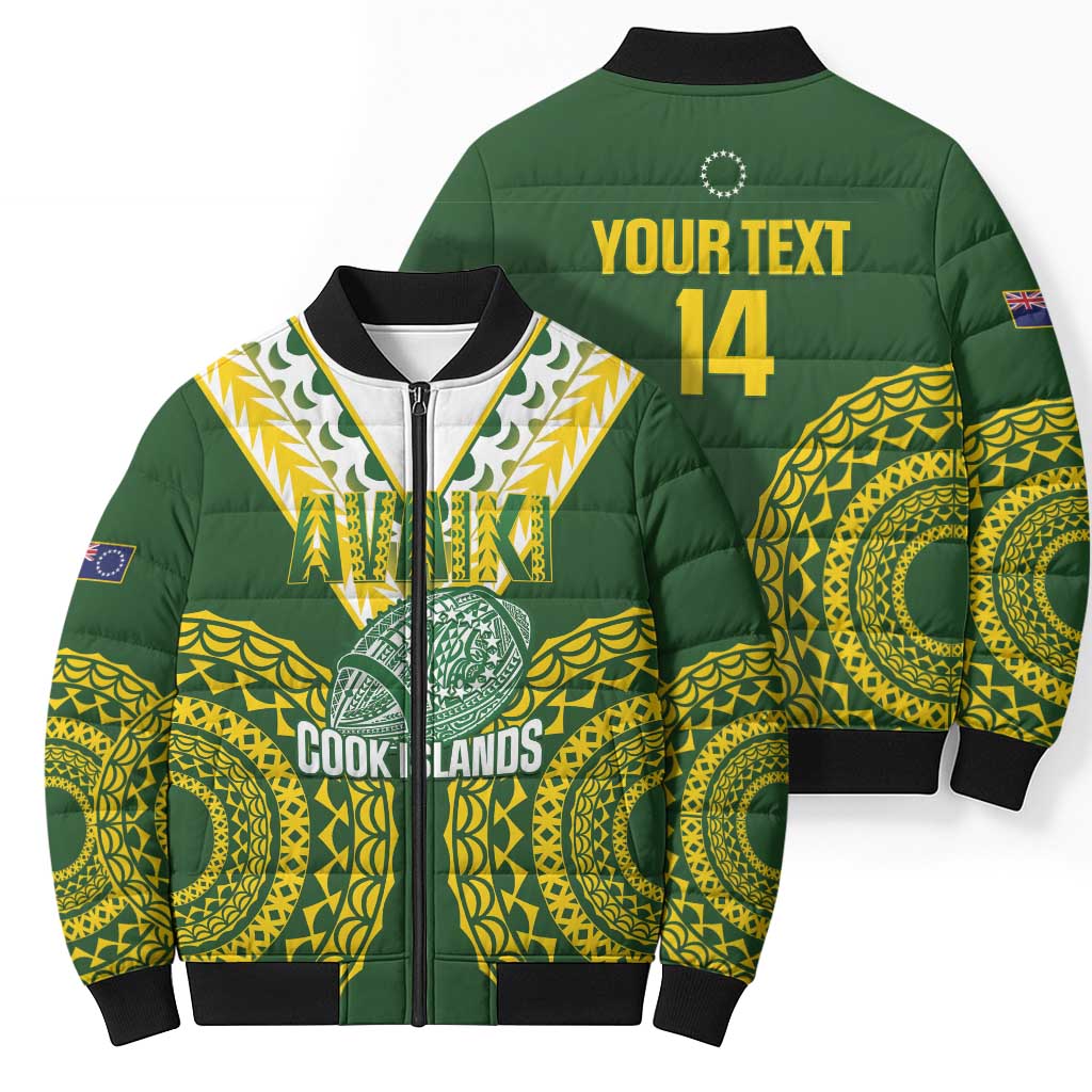 Custom Avaiki Cook Islands Rugby Bomber Puffer Jacket Kuki Airani Tatau Green - Polynesian Pride