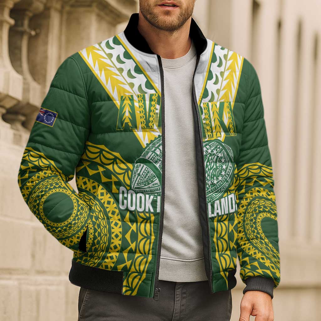 Custom Avaiki Cook Islands Rugby Bomber Puffer Jacket Kuki Airani Tatau Green - Polynesian Pride