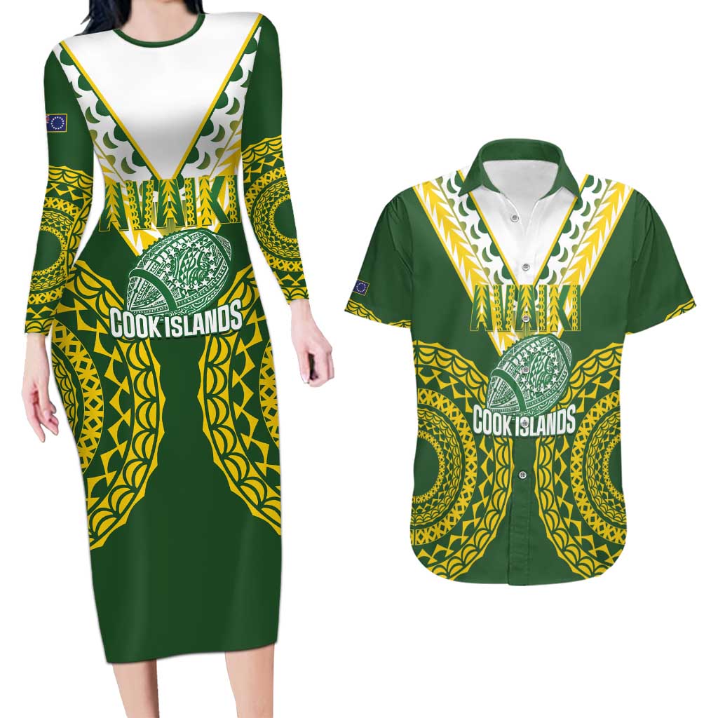 Custom Avaiki Cook Islands Rugby Couples Matching Long Sleeve Bodycon Dress and Hawaiian Shirt Kuki Airani Tatau Green - Polynesian Pride